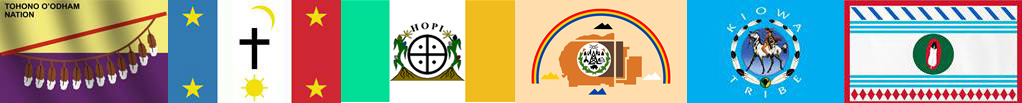 Flags of the Tohono O'odham, Pascua Yaqui, Navajo, Hopi, Kiowa, and Shoshone, representing the Tribes/Nations of the participating artists